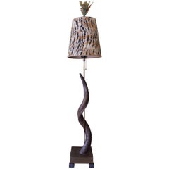 African Greater Kudu Horn Floor Lamp, Custom Lampshade & Colored Feather Finial