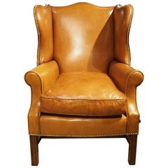 Wing Chair in Light Tan Leather with Brass Nailheads