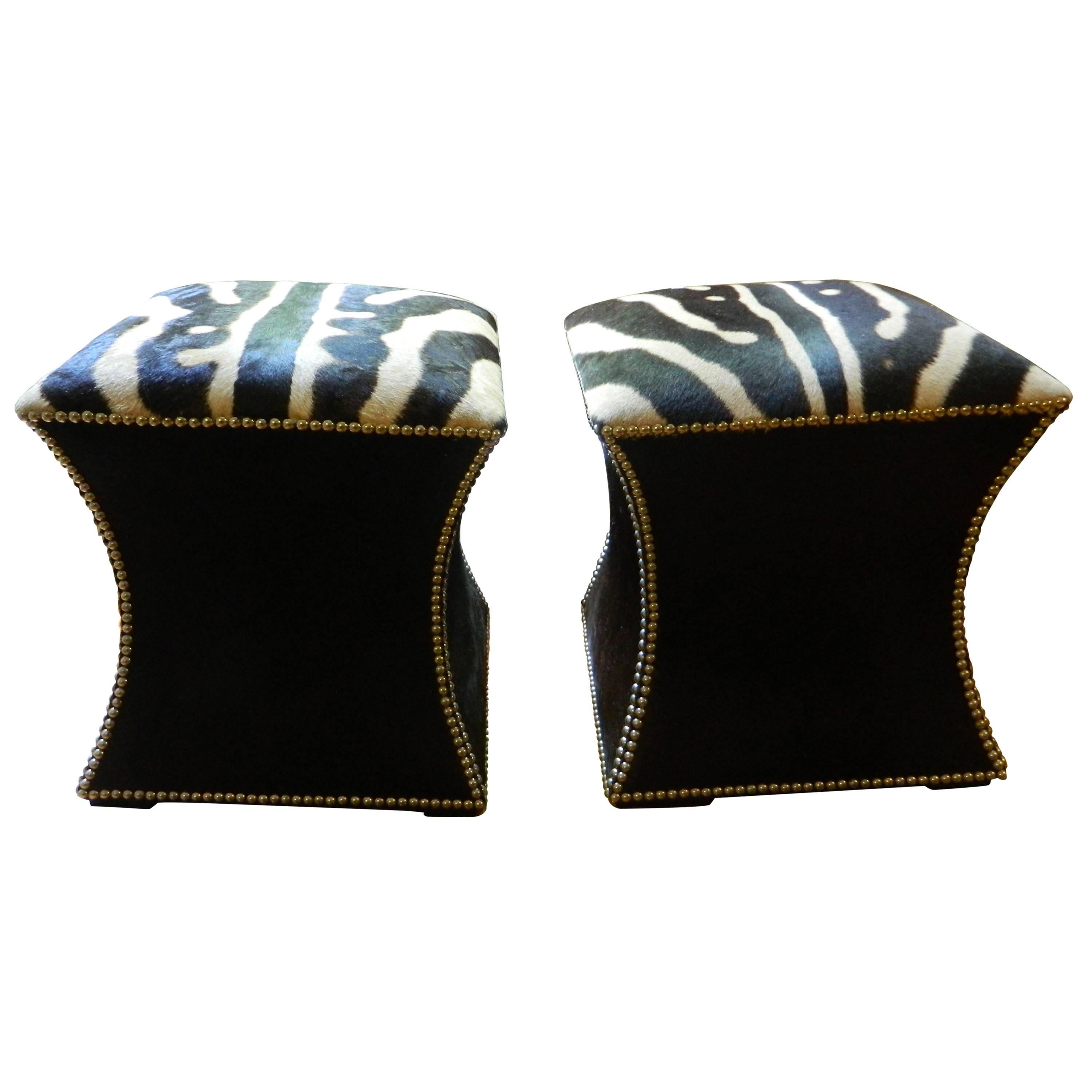 Burchell Zebra and cow hide ottomans For Sale
