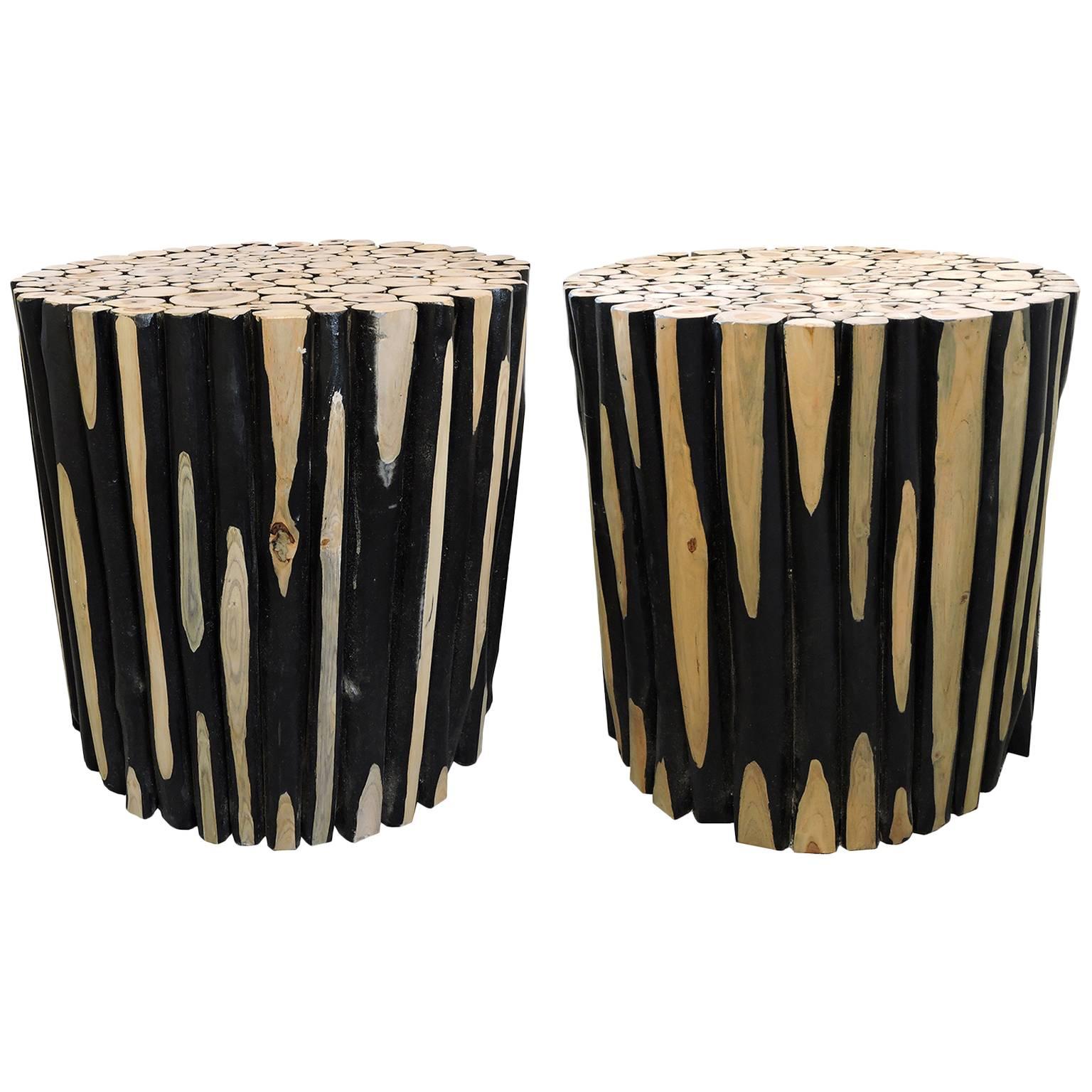 Pair of Mid-Century Modern Unusual Rustic Log Round Side Tables For Sale