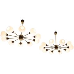 Set of Two Large Brass and Opal Sputnik Chandeliers