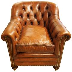 James Tufted Back Chair in Dark Tan Aged Leather with Brass Nailheads