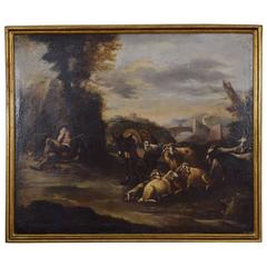 Large Framed Italian Oil on Canvas, Shepherd Resting Near Flock, 18th Century