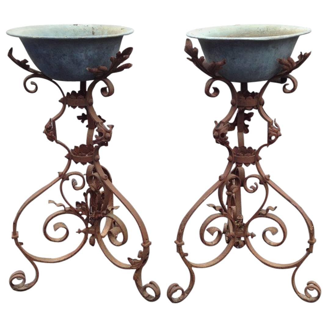 Pair of Zinc Planters on Wrought Iron Stands