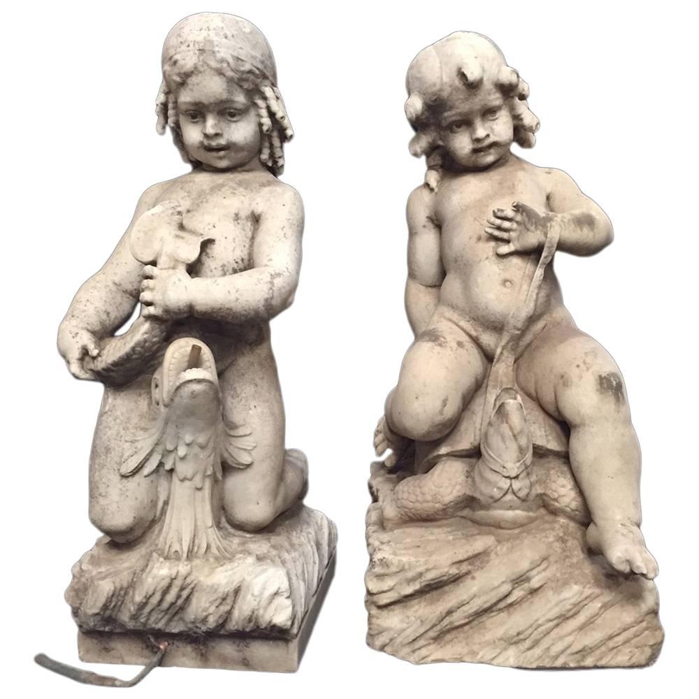 Two Italian Carved Marble Fountains with Two Seated Boys, 18th Century
