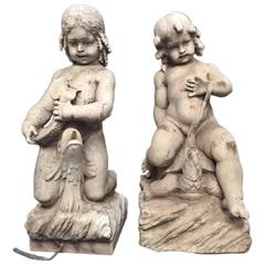 Two Italian Carved Marble Fountains with Two Seated Boys, 18th Century 2