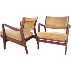 Pair of Walnut and Suede Lounge Chairs by Jens Risom