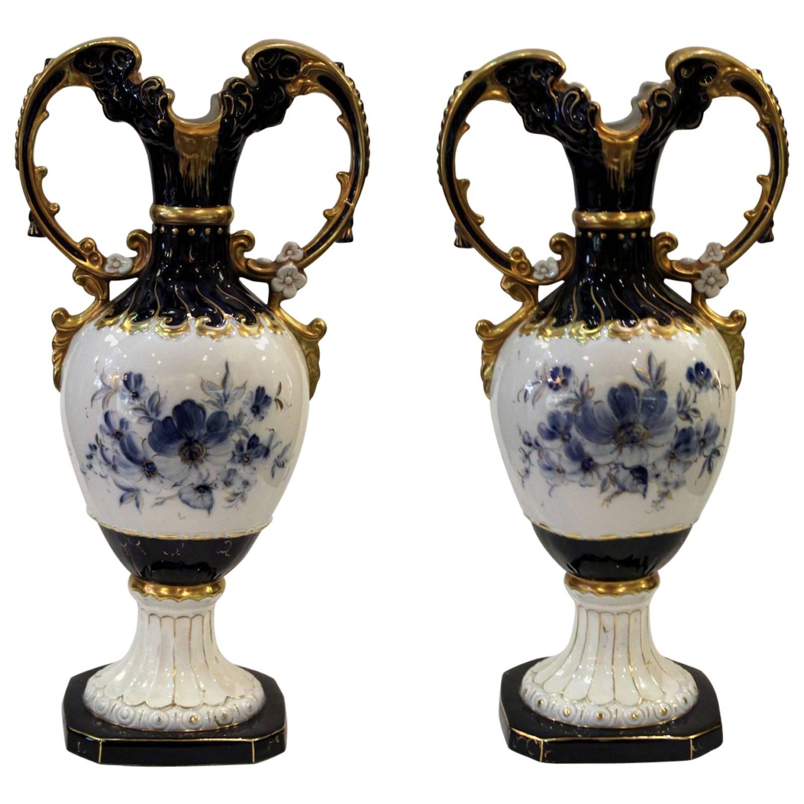 Pair of Royal Dux Hand-Painted Cobalt and Gilt Mantle Urns
