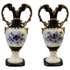 Antique Pair of Royal Dux Hand-Painted Cobalt and Gilt Mantle Urns