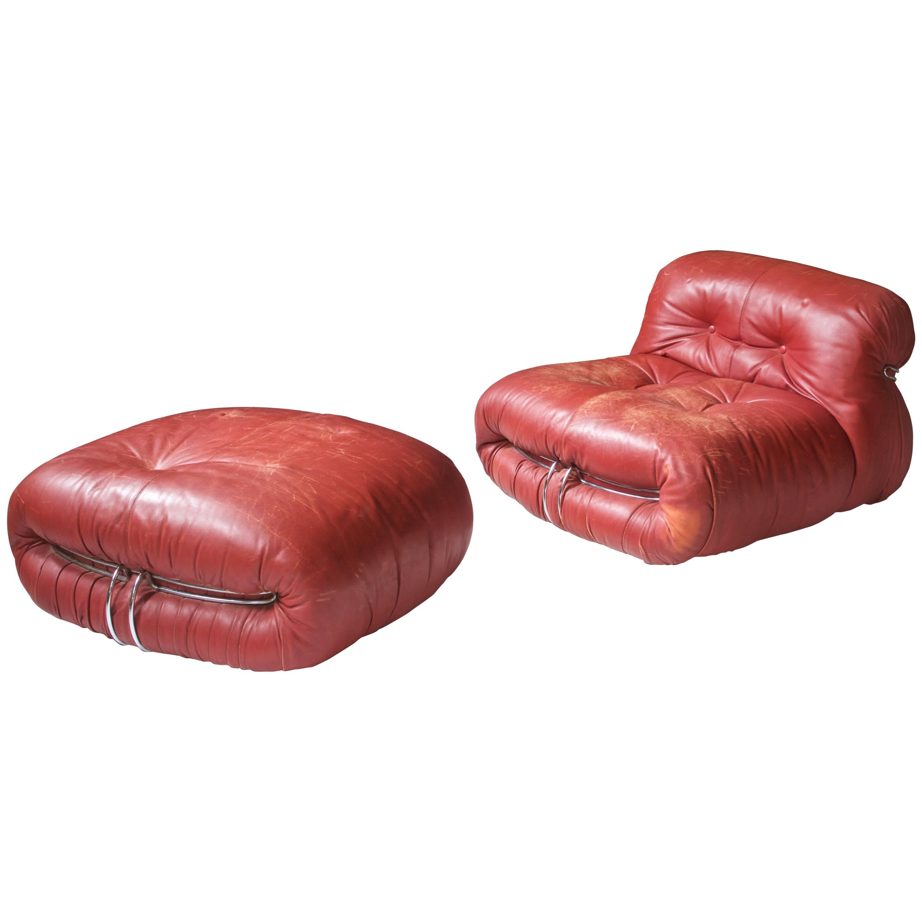 Distressed Red Leather "Soriana" Lounge Chair and Ottoman, Scarpa, 1970