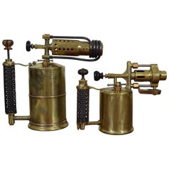 Antique Two French Brass and Steel Oil Fueled Blowtorches, Second Half 19th Century