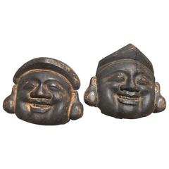 Antique Japan Wonderful Pair Carved Masks Daikoko Ebisu "Prosperous Business"