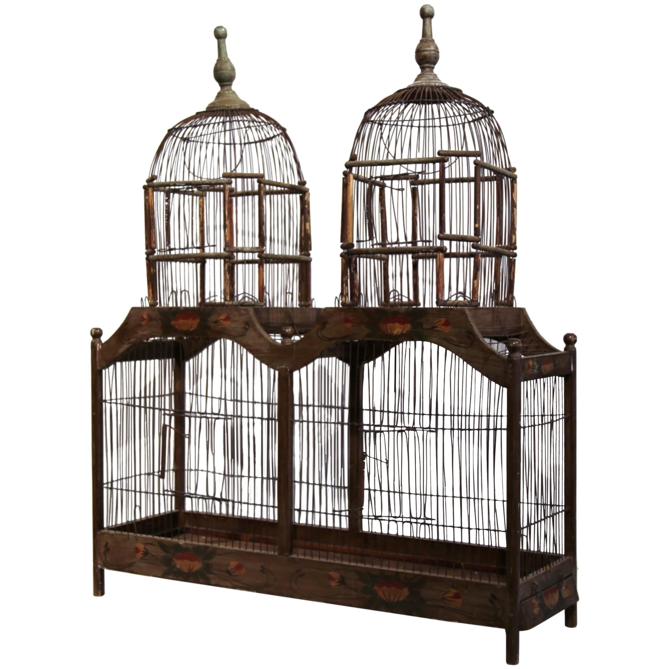 Large Vintage French Painted Birdcage with Sliding Removable Tray