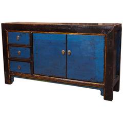 Old Chinese Cabinet in Blue Lacquer with Elements of Black and Brown