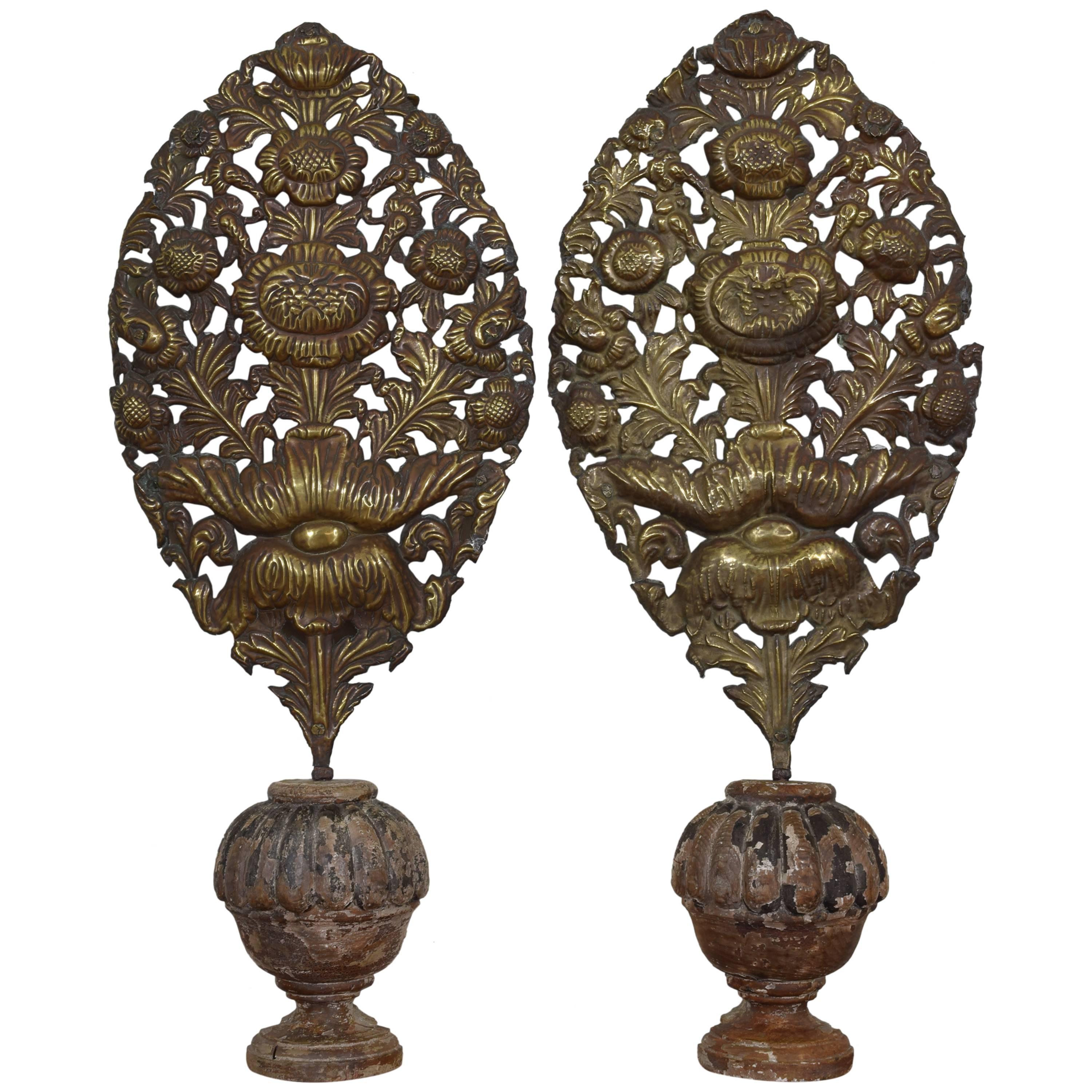 Italian Baroque Period Carved & Painted Porta Palme, Pair Original Brass "Palms"