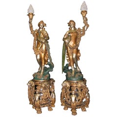 Monumental Pair of Patinated Bronze Torchiere Signed