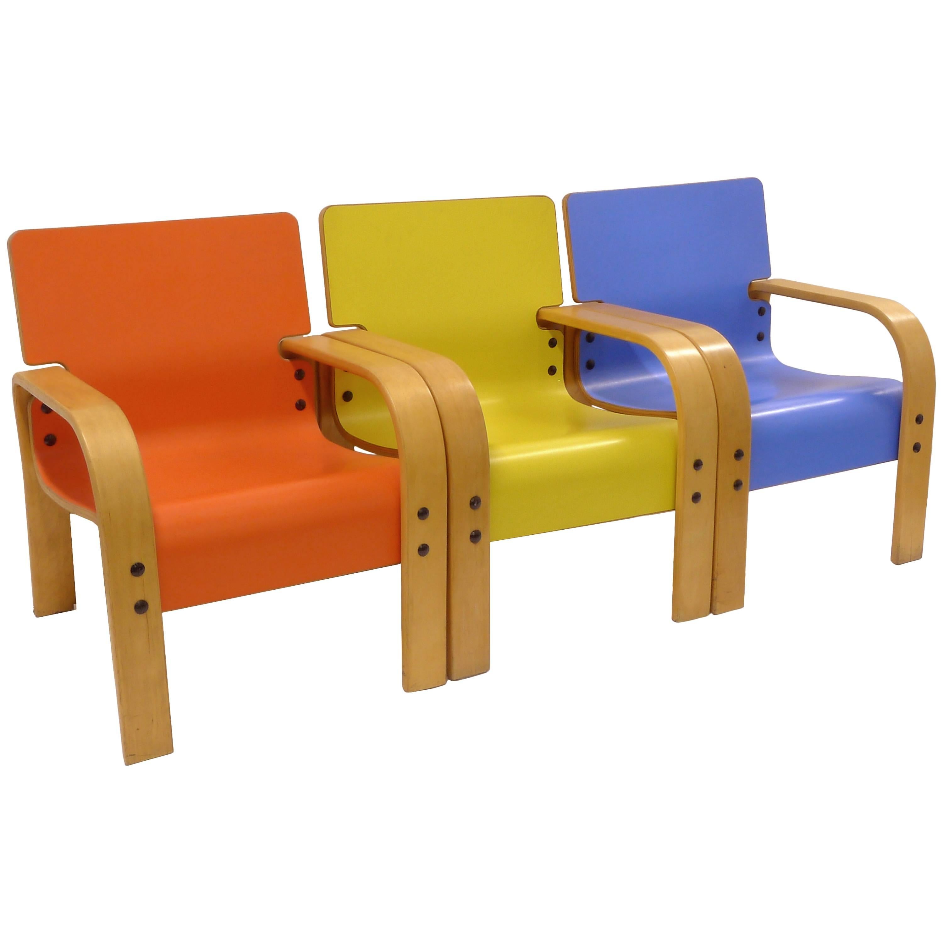 Red, Yellow Blue Mid-Century Armchairs For Sale