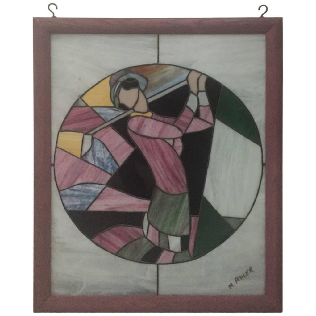 Signed Art Deco Stained Glass Woman Golfer For Sale