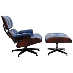 Vintage Blue Leather Eames Lounge Chair and Ottoman