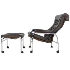 1970s Bruno Mathsson for DUX Leather Lounge Chair and Ottoman with Chrome Base