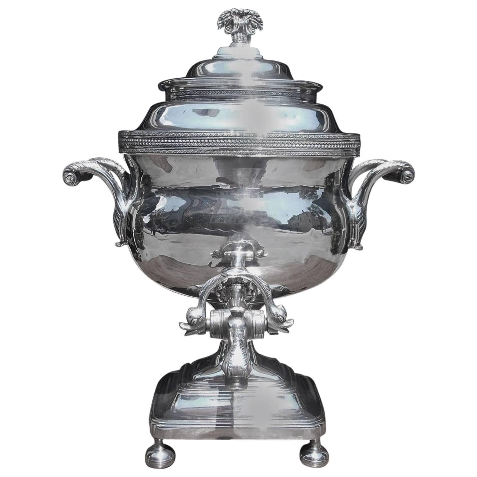 English Sheffield Tea Urn with Dolphin Head Spout, Circa 1810 For Sale