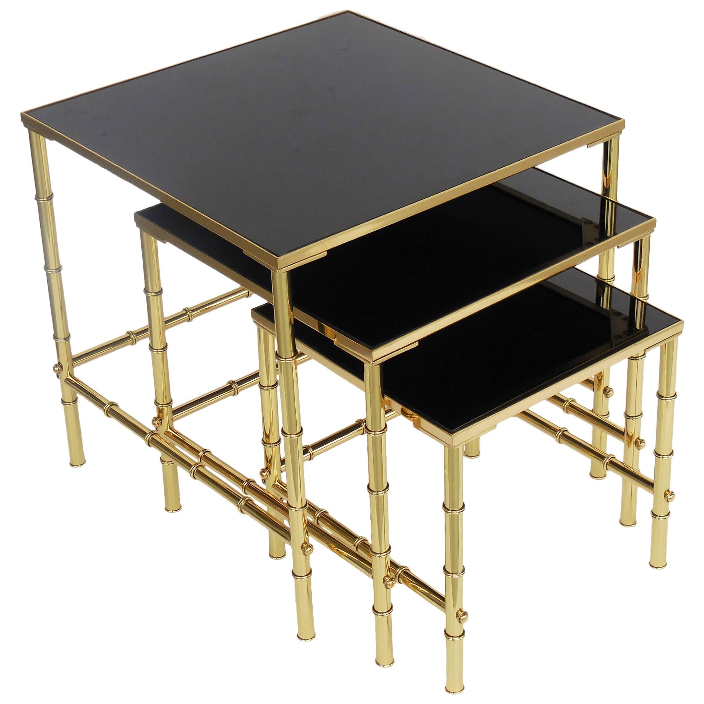  Nesting Tables Set Faux Bamboo Brass and Black Glass