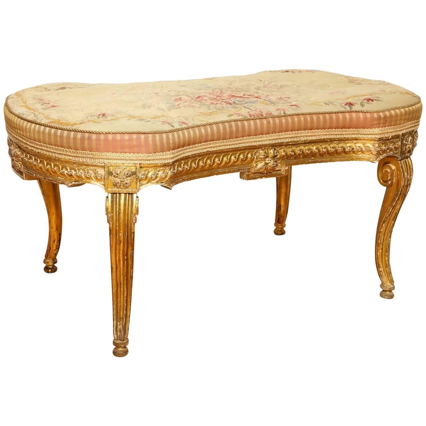 A Louis XV Style Aubusson Upholstered Giltwood Bench 