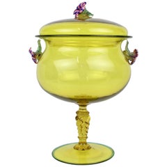 Large Canary Yellow Venetian/Murano Glass Covered Footed Bowl with Flower Finial