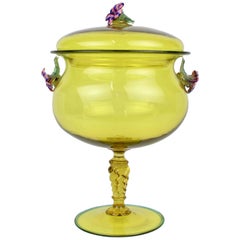 Retro Large Canary Yellow Venetian/Murano Glass Covered Footed Bowl with Flower Finial