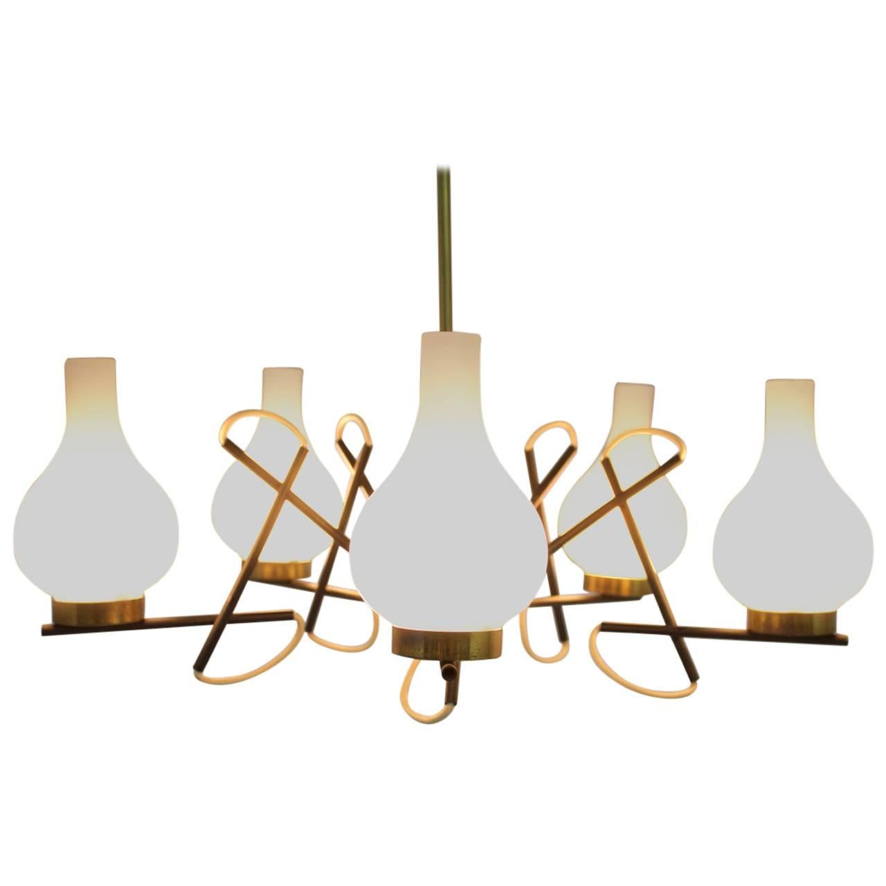 Italian Chandelier, Brass/Glass, 1960s For Sale