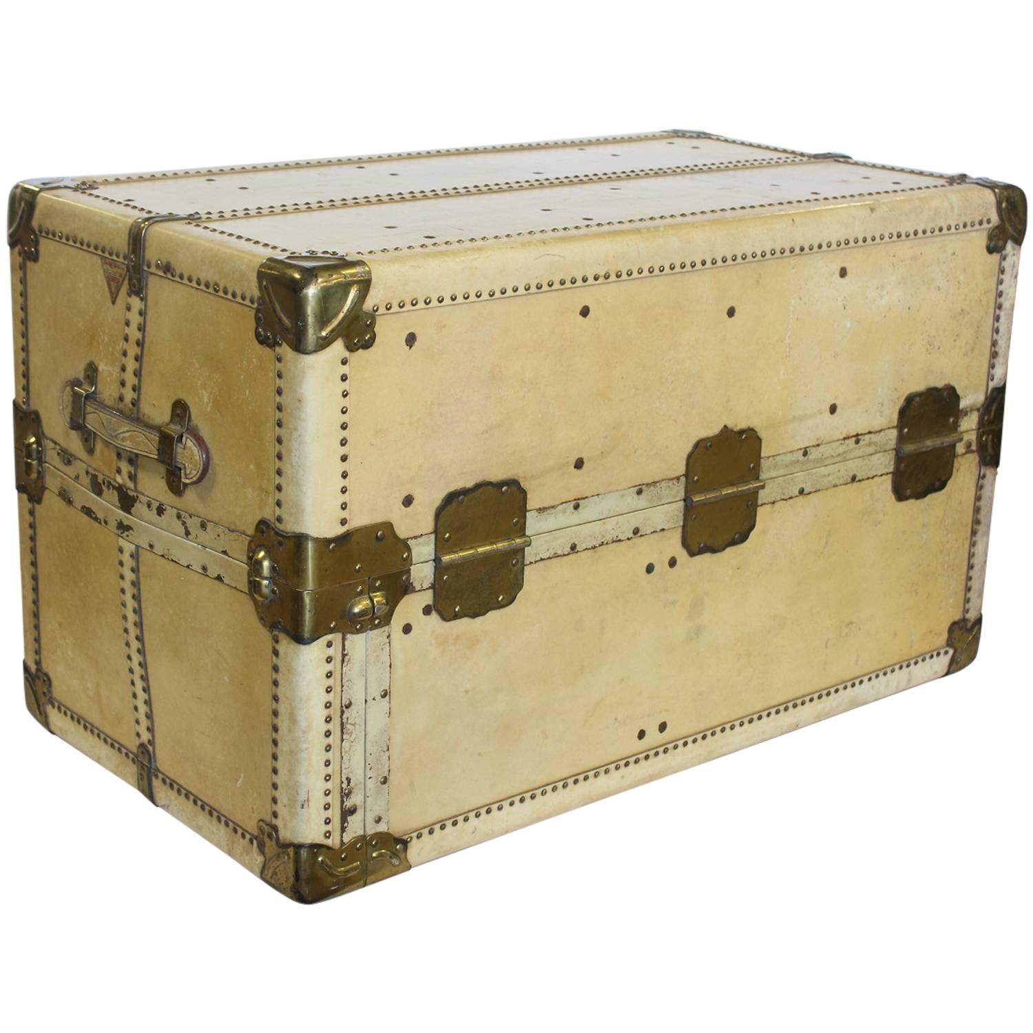 Stylish Large Antique Vellum Steamer Trunk/ Coffee Table