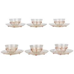 Set of Six Salviati Venetian/Murano Glass Pink and Gold Fleck Bowls with Plates 1