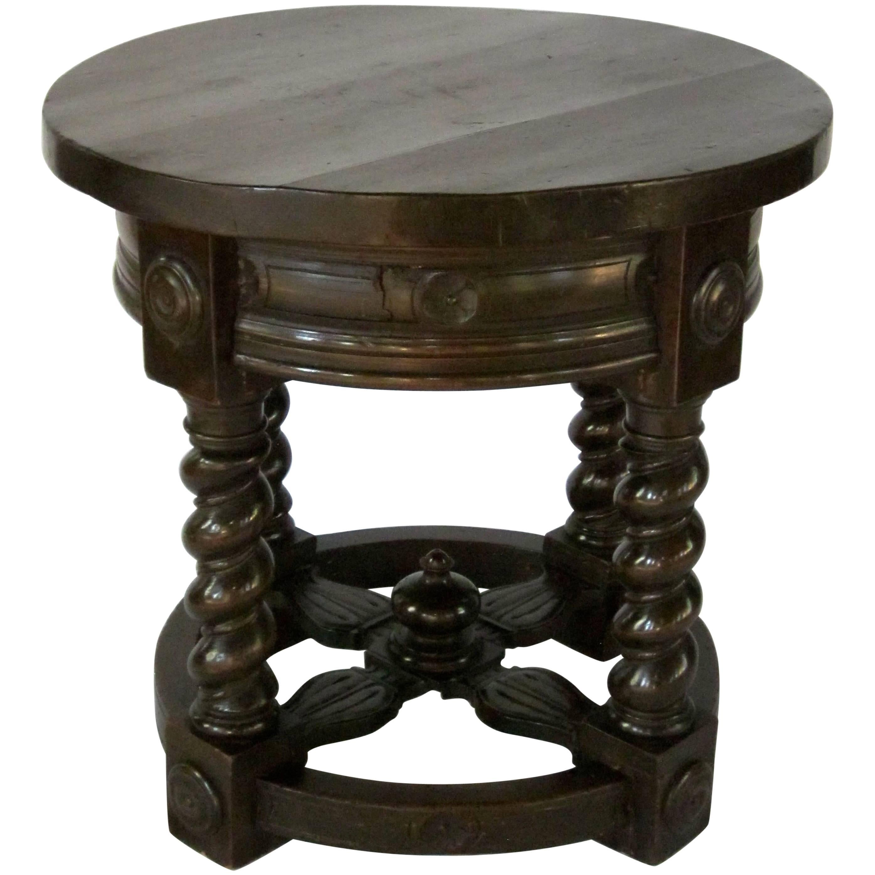 19th Century Oak Brown Spool Leg Side Table, Italy