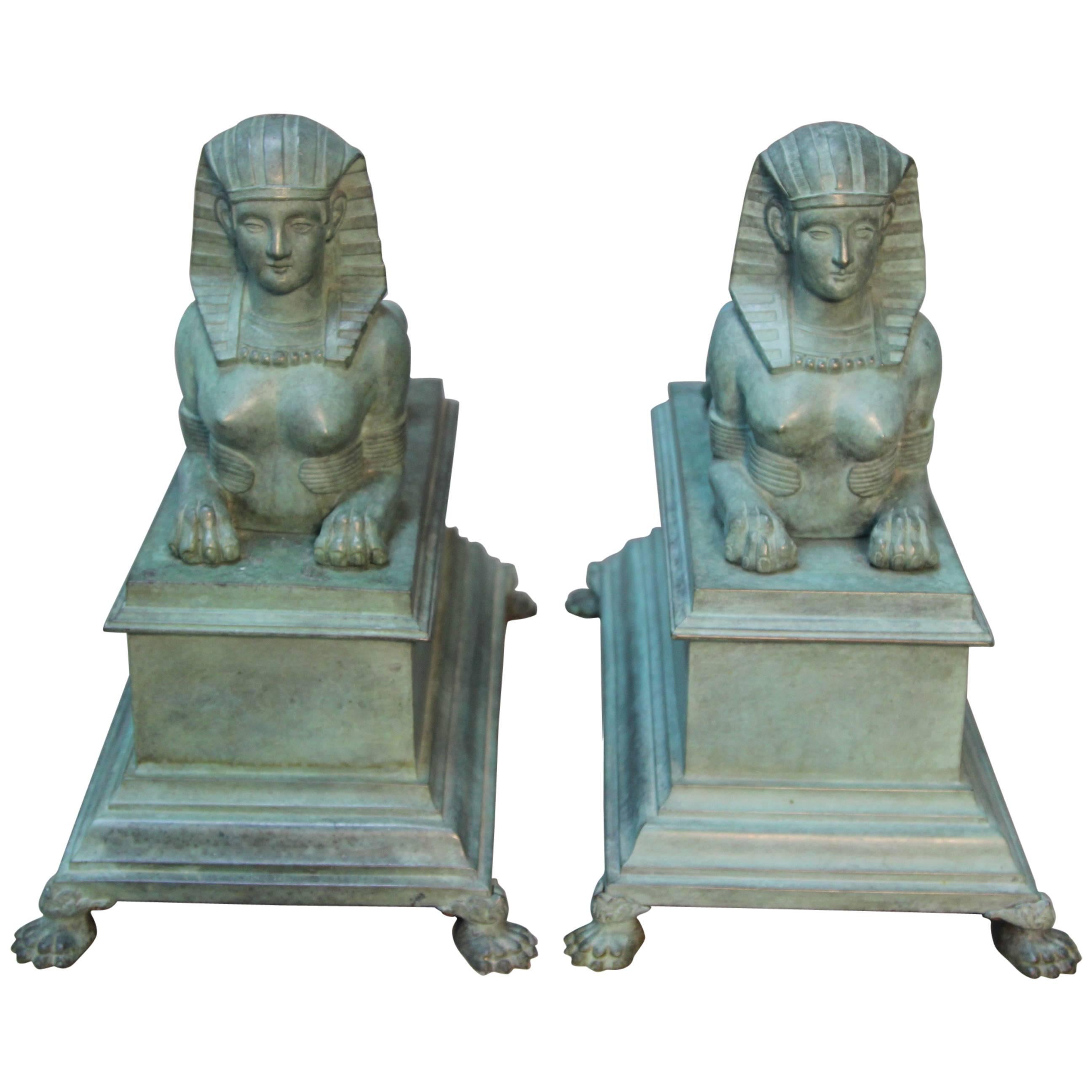 Antique Pair of Egyptian Revival Bronze Sphinx For Sale