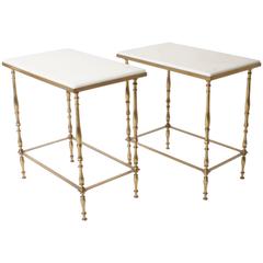 Pair of French Tables in Bronze with Original Marble Tops, circa 1950