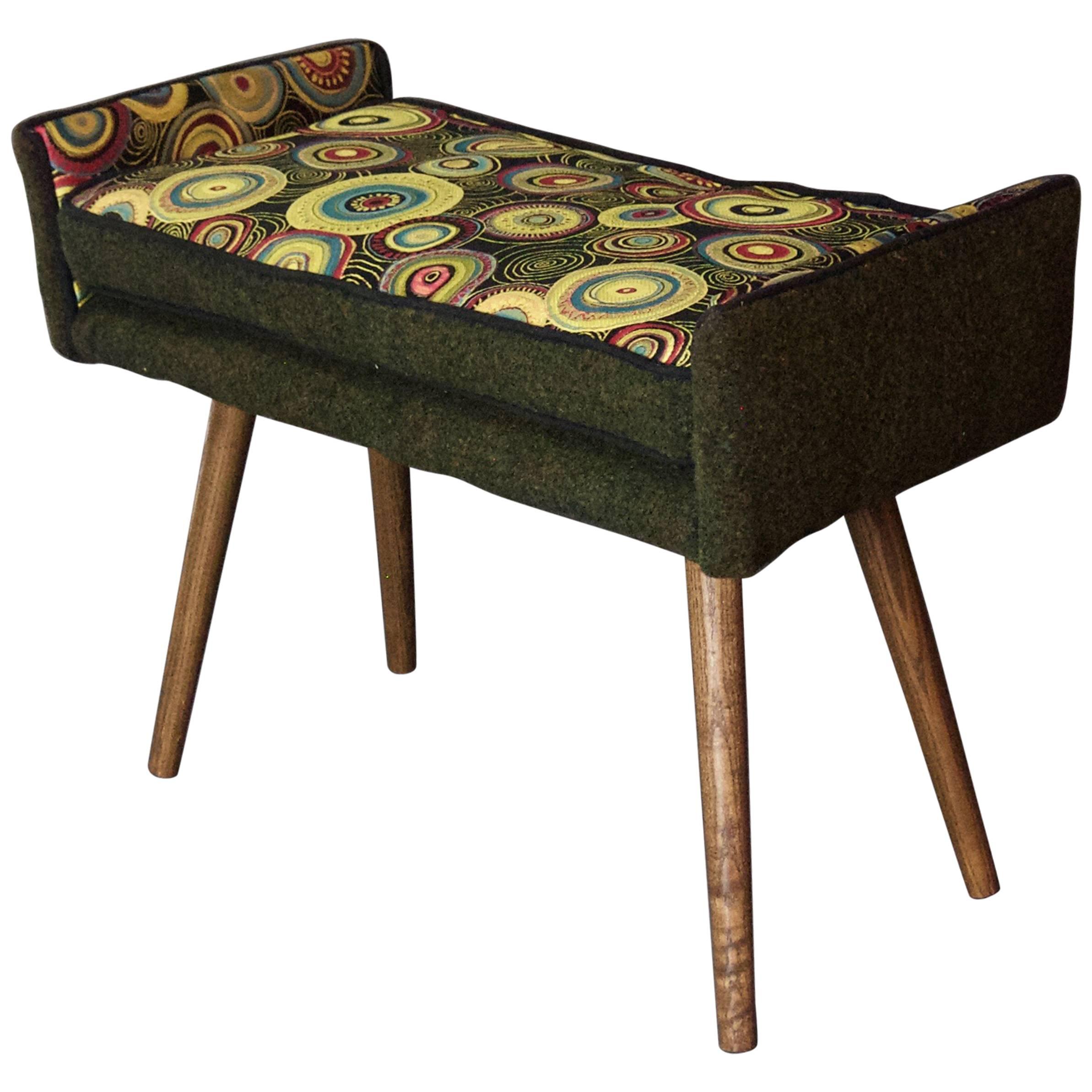 Mid-Century Inspired Vanity-Sized Stool, Sunbursts with Forest Green--in stock For Sale