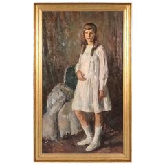 Grande peinture à l'huile sur toile:: portrait complet d'une jeune fille en robe blanche