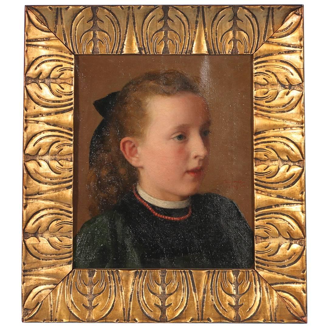 Antique Oil on Canvas Painting, Portrait of a Girl, circa 1890