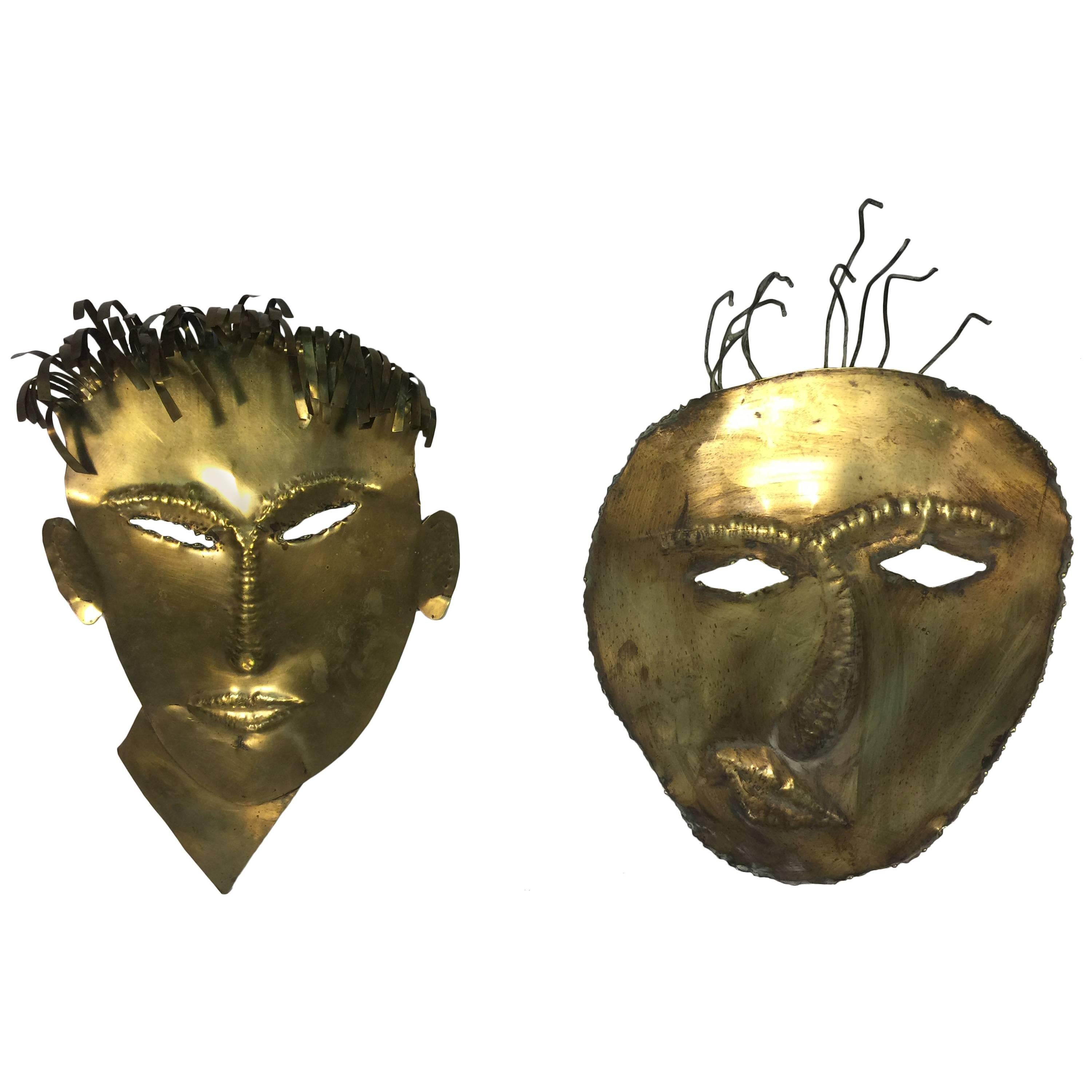 Terrific Brass Male Masks or Face Wall Sculptures in the Manner of Hagenauer For Sale