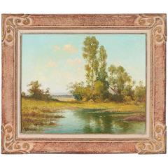 Antique Original Oil Painting of Landscape Along Lake, Signed Arno Bretsnyder