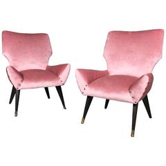 Vintage Pair of 1950s Italian Slipper Chairs, Updated Pink Velvet Upholstery