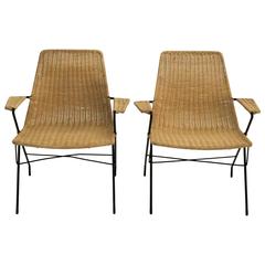 Pair of Mid-Century Wicker and Iron Armchairs, circa 1950s