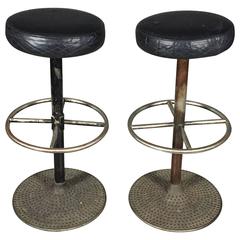 Pair of Vintage Leather and Iron Trumpet Base Barstools, 1940s