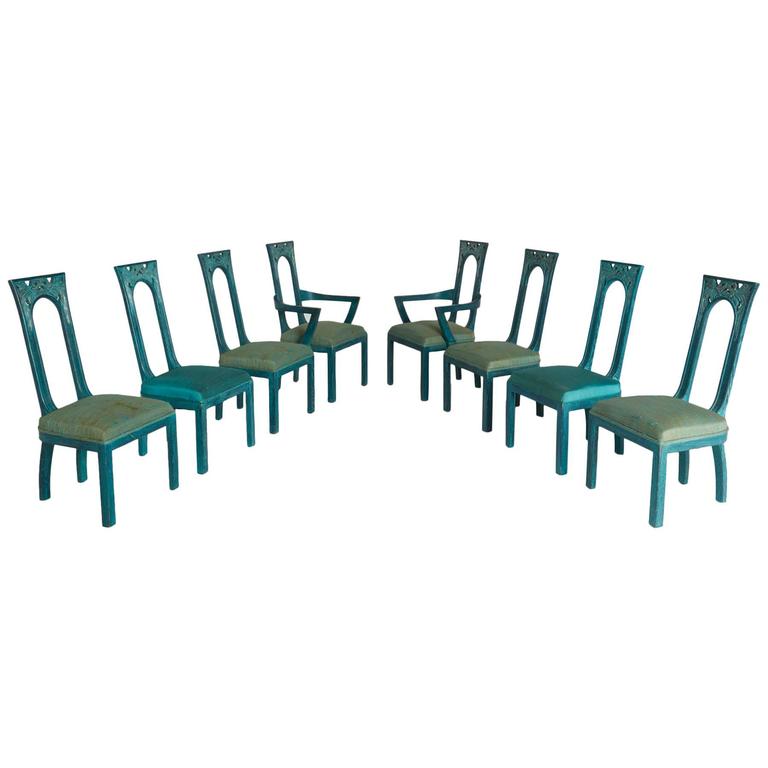 Set of Eight Carved Green Blue Dining Chairs by James Mont,1940s at 1stdibs