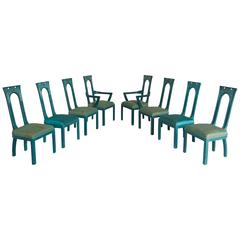 Ensemble de huit chaises à manger bleu vert sculptées par James Mont:: années 1940