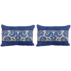 Retro Pair of Blue & White Fortuny & Linen Pillows