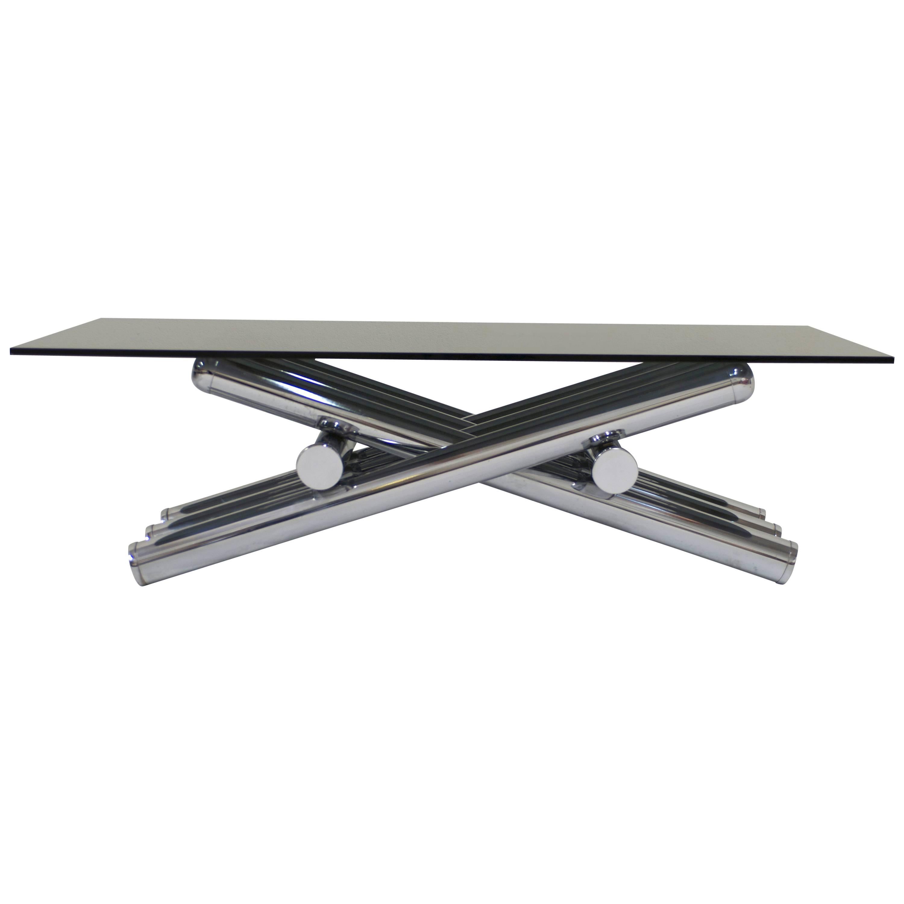 Smoked Grey Glass and Chrome Tubular Steel Coffee Table For Sale