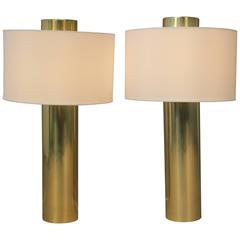 Pair of Brass Cylinder Lipstick Tube Lamps with Matching Finials