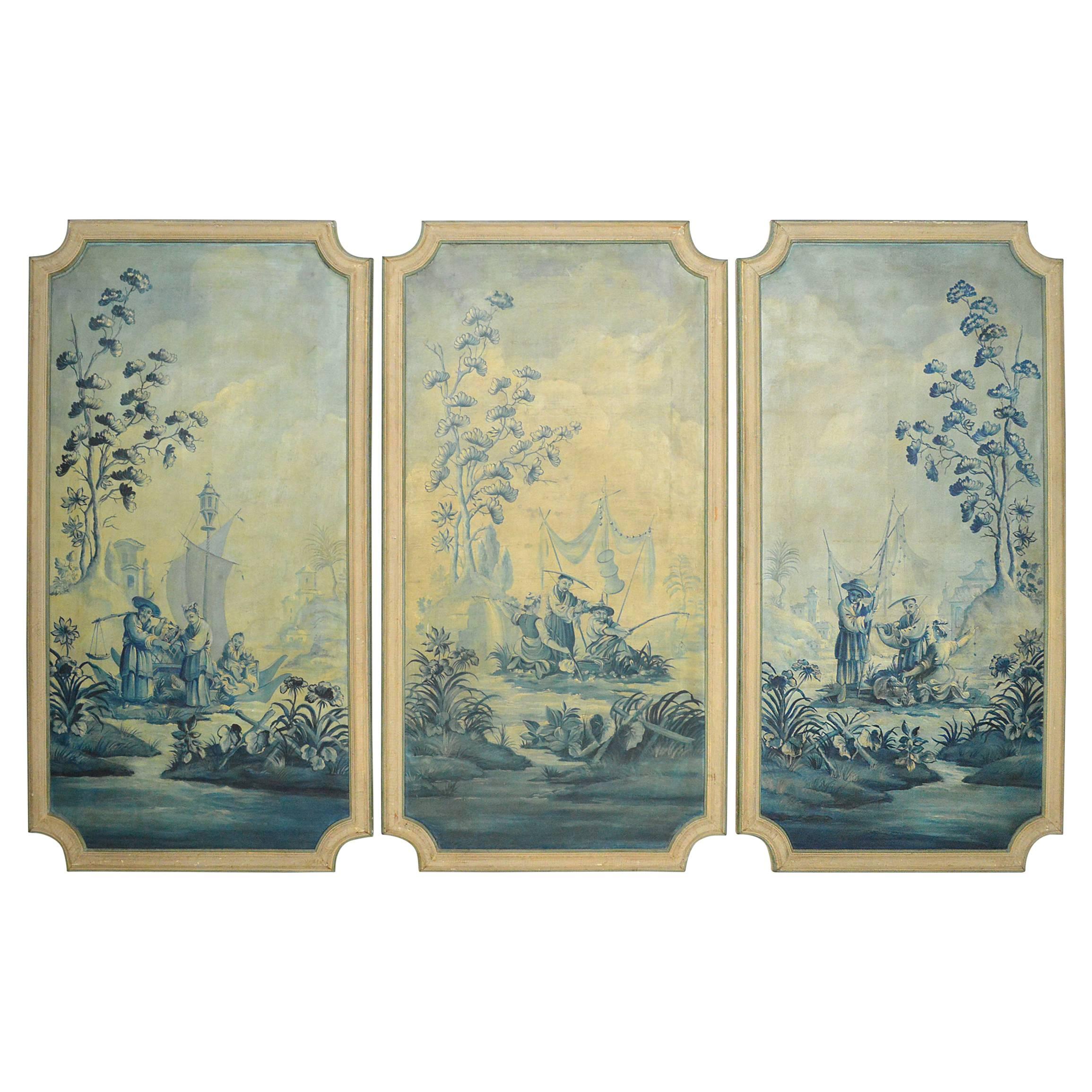 French Louis XVI Style Chinoiserie Decorated Oil on Canvas Paintings For Sale