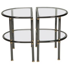 Pair of Mid-Century Demilune Gun Metal and Glass Side Tables